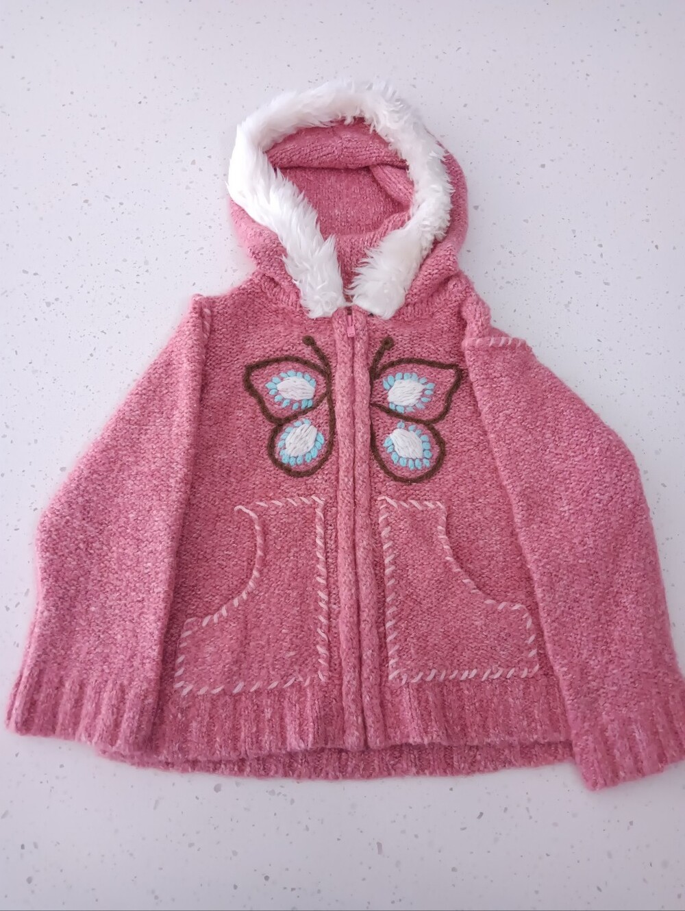 Vintage Girls' Pink Knit Winter Jacket with Butterfly Design Size 2T